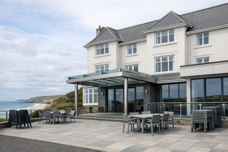 Coastal hotel with outdoor terrace overlooking the sea, representing hospitality and leisure property affected by business rates reform.