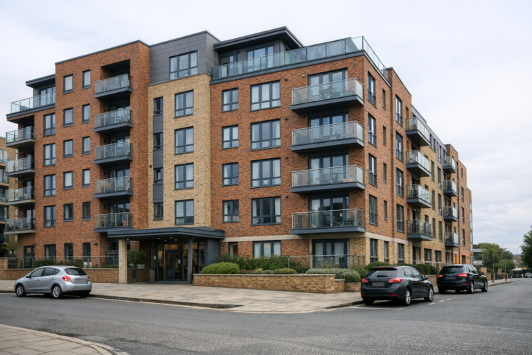 Modern UK apartment block exterior representing residential leasehold property affected by the Leasehold and Freehold Reform Act 2024.