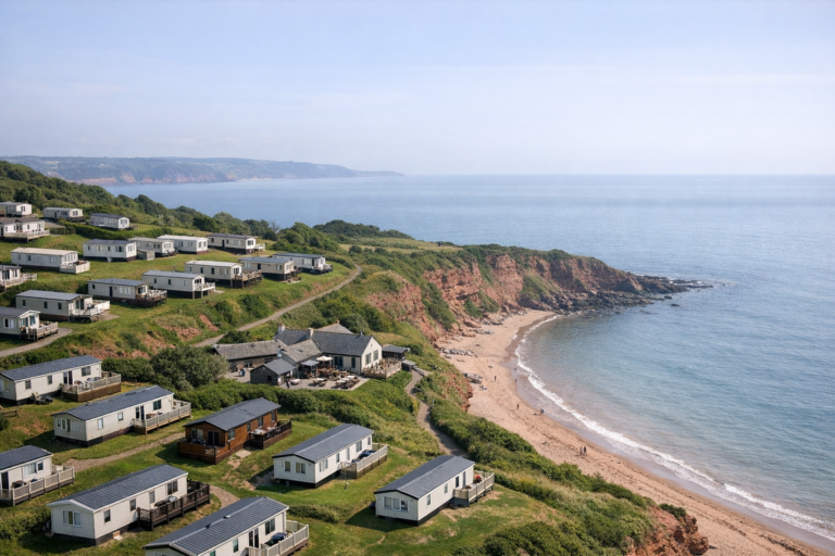 Aerial view of a coastal holiday park with static caravans and lodges on clifftops above a sandy beach and calm sea.
