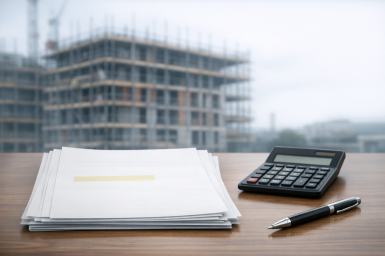 Construction contract documents on a desk with calculator and pen, overlooking a mid-rise building under construction