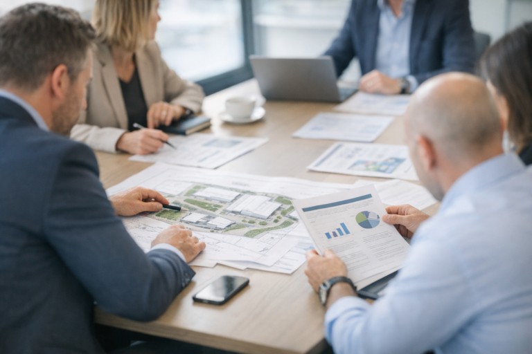 Professional property consultancy team meeting reviewing plans and reports, with laptops on the table and no readable screens