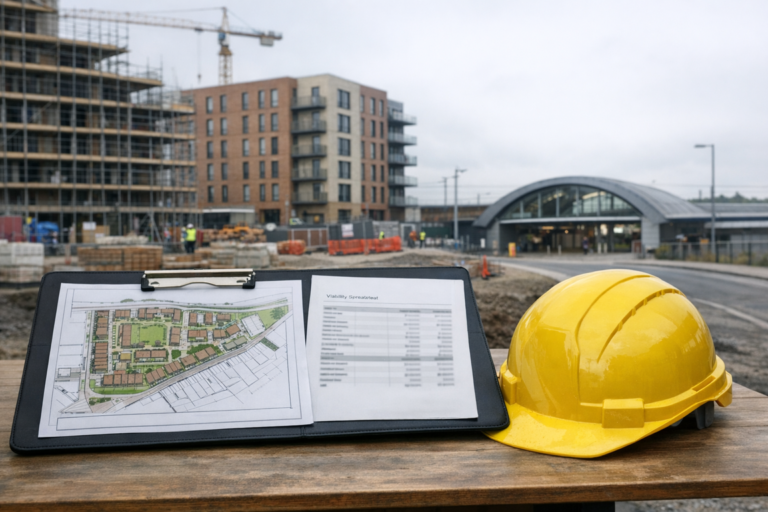Residential development site near a transport hub, with site layout plans and a viability sheet on a clipboard beside a hard hat.