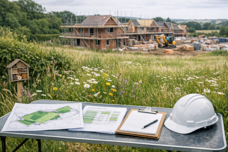 BNG planning documents and site plan on a table beside a hard hat, overlooking a wildflower meadow and new housing development.