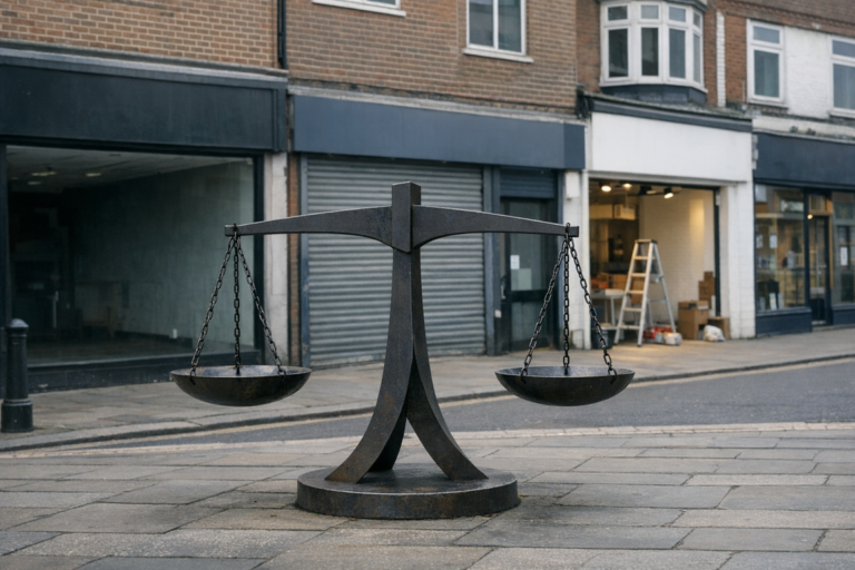 Abstract balance scale sculpture on a UK high street with shopfronts, representing changing commercial rent review terms.