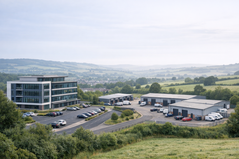 South West commercial property investment scene showing a modern office building and multi-let industrial units with rolling countryside in the background.